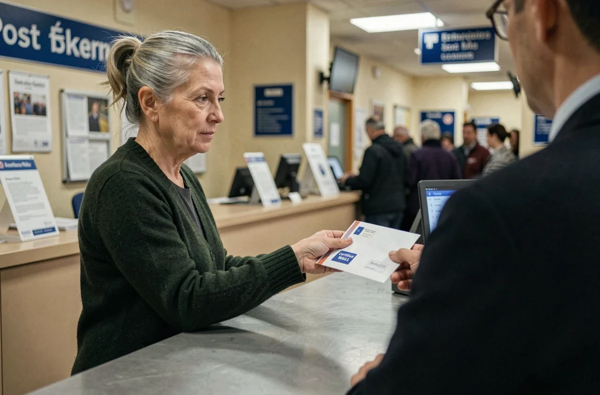 Femme envoyant sa lettre de résiliation d'assurance habitation en recommandé à La Poste
