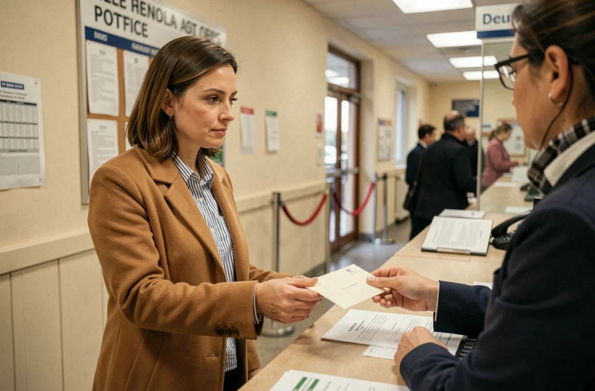 Femme envoyant une lettre recommandée à La Poste pour résilier son assurance habitation selon la loi Hamon