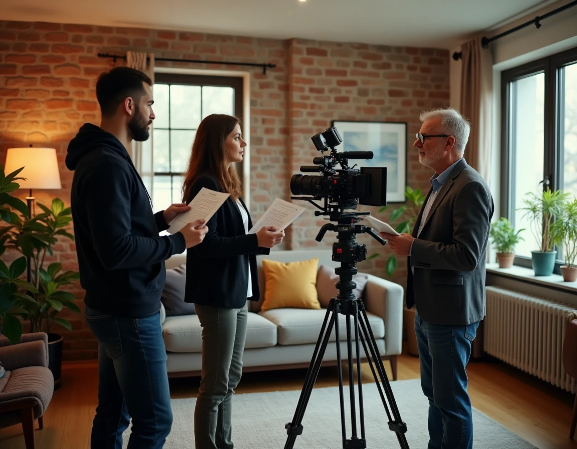 Équipe de tournage installant du matériel dans un salon privatif avec accord du propriétaire