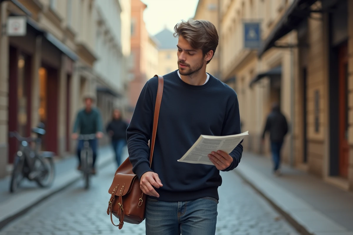 Étudiant explorant une ville universitaire européenne avec ses documents, symbolisant l'aventure des études à Nidost en 2026