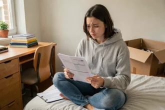 Étudiante en appartement studio comparant des documents d'assurance habitation sur son lit