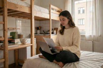 Étudiante consultant son assurance habitation sur un ordinateur portable dans un studio meublé