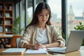Étudiante concentrée sur ses cours dans un espace de travail moderne, illustrant la vie étudiante à Nidost en 2026