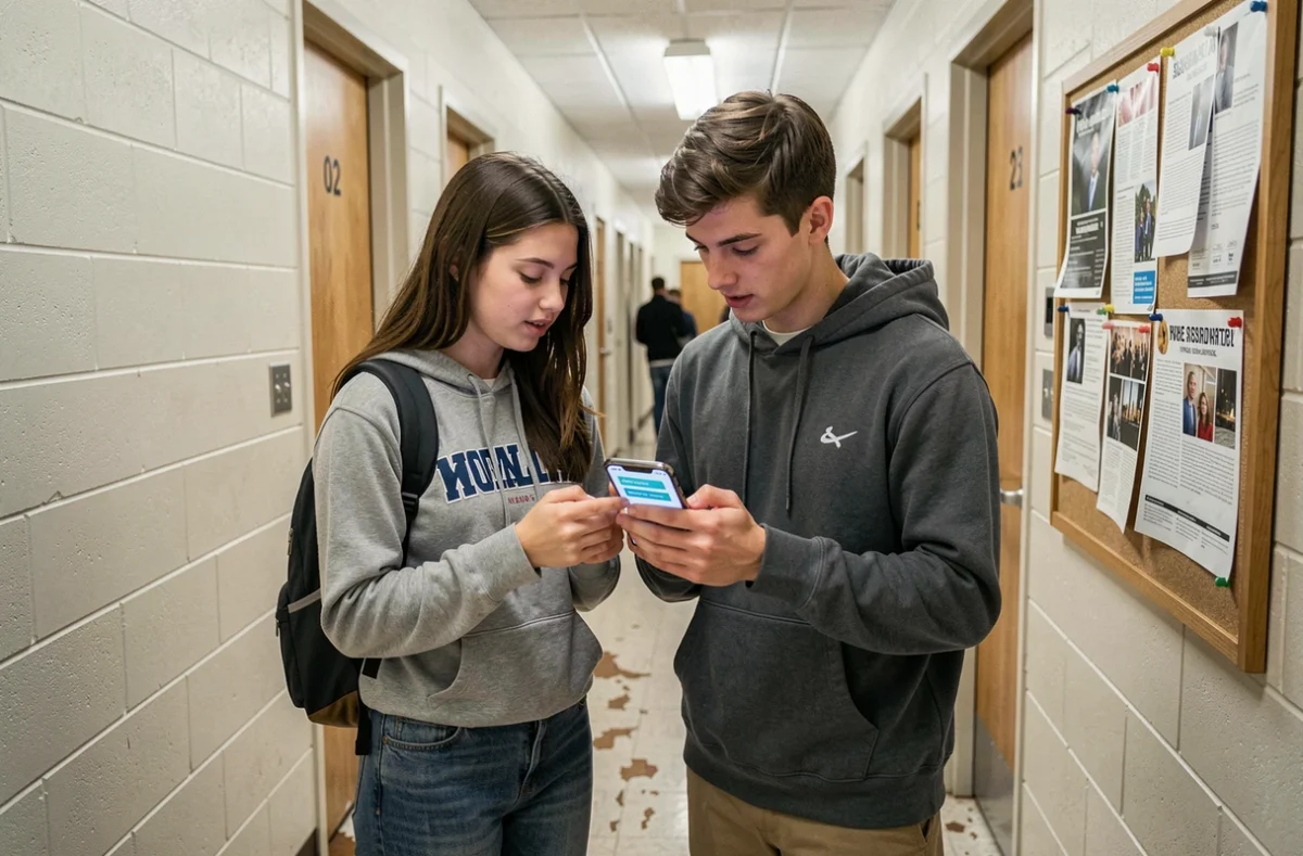 Deux étudiants en résidence universitaire consultant une application d'assurance habitation sur smartphone