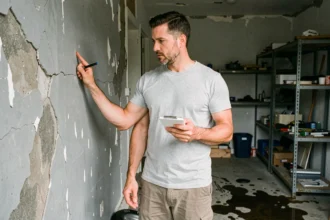 Homme évaluant l'état d'un garage à rénover avant une vente immobilière