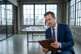 Expert en évaluation immobilière inspectant un espace de bureaux commerciaux vide avec clipboard et plans architecturaux