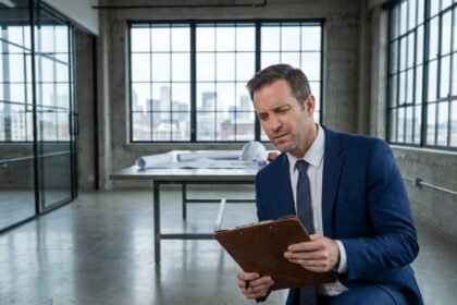Expert en évaluation immobilière inspectant un espace de bureaux commerciaux vide avec clipboard et plans architecturaux