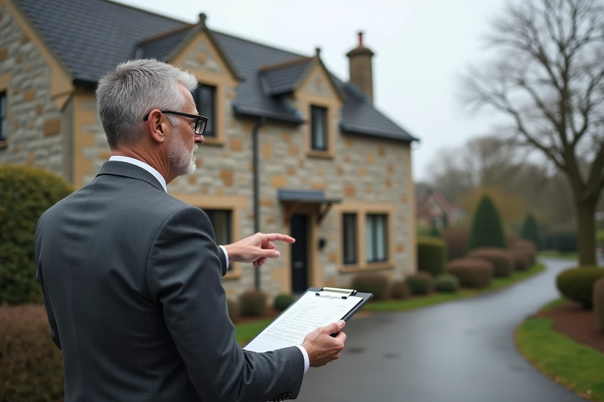 Expert immobilier évaluant la façade d'une maison individuelle en pierre, erreurs fréquentes dans l'estimation d'un bien immobilier