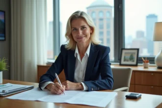 Femme experte en immobilier examine documents dans un bureau moderne