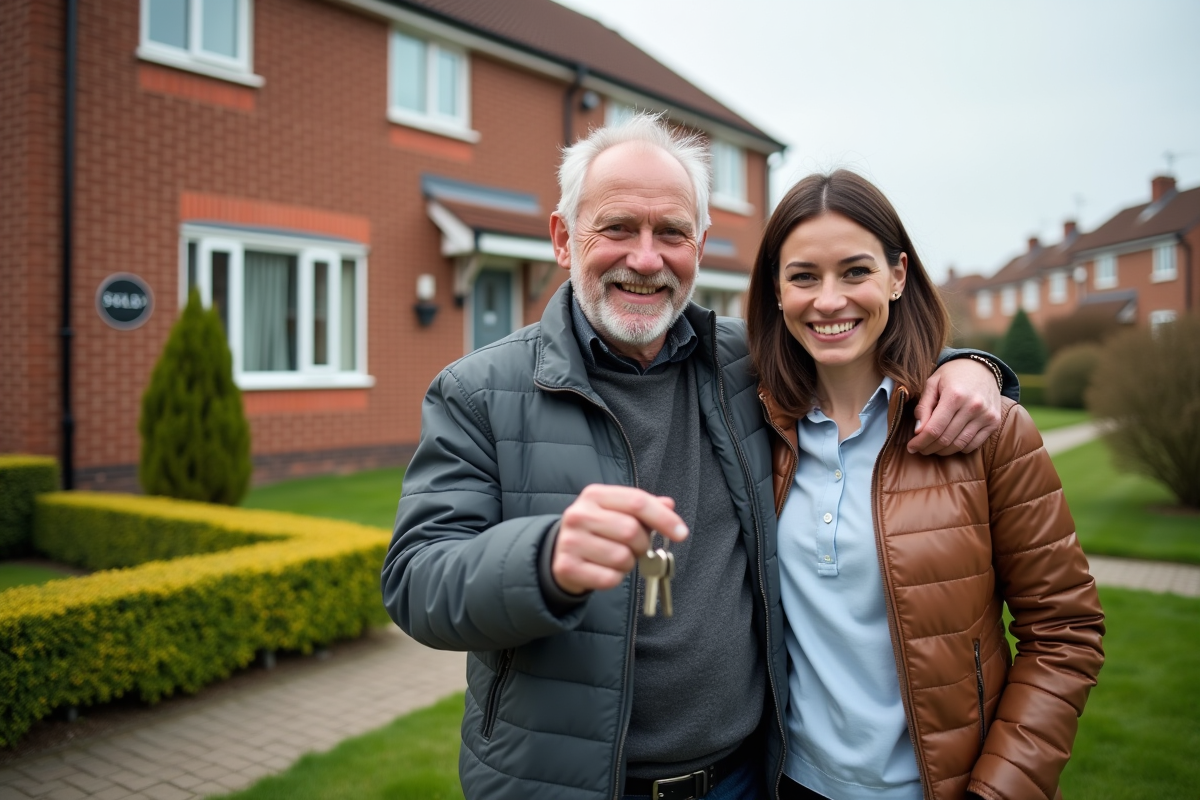 Famille heureuse devant une maison vendue avec clés