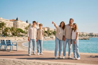 Famille parisienne souriante découvrant la Promenade des Anglais à Nice après leur déménagement