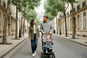 Famille se promenant dans un quartier résidentiel calme de Nantes avec des façades en pierre et des arbres