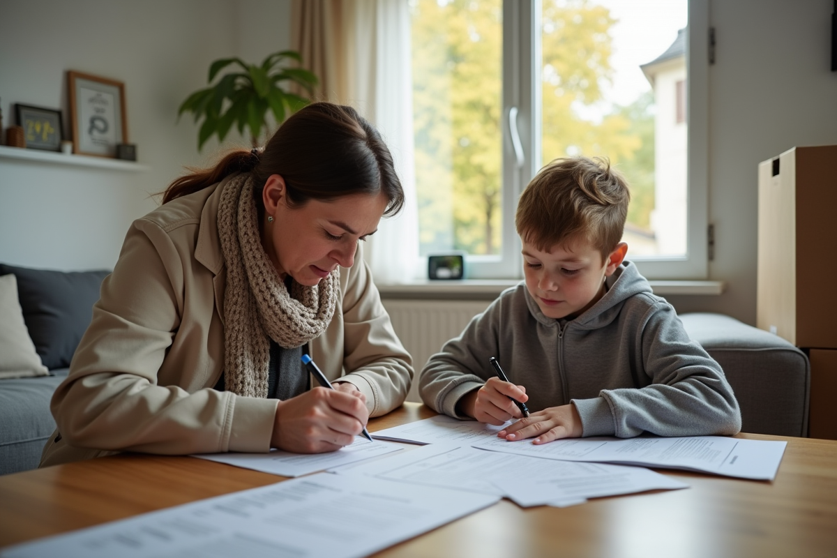 Femme et adolescent remplissant des papiers dans un salon lumineux