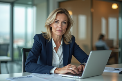 Femme d'affaires en bureau avec documents de prêt immobilier