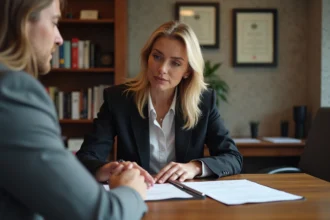 Femme d'affaires examinant documents immobiliers avec un couple