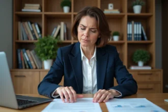 Femme agent immobilier examinant un état daté avant une vente immobilière à son bureau