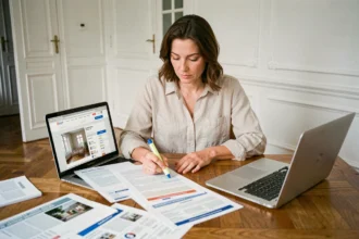 Femme analysant des annonces immobilières dans un appartement parisien avec des documents et un ordinateur portable sur une table en bois