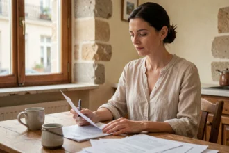 Femme consultant des documents d'assurance habitation à Chartres dans une cuisine traditionnelle française