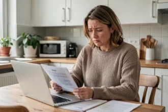 Femme consultant des documents d'assurance habitation multirisque sur son ordinateur portable dans une cuisine moderne