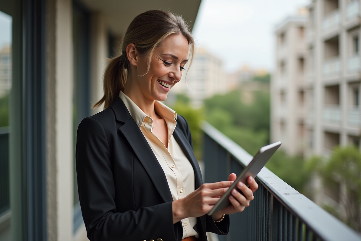 Femme souriante sur balcon avec tablette en ville
