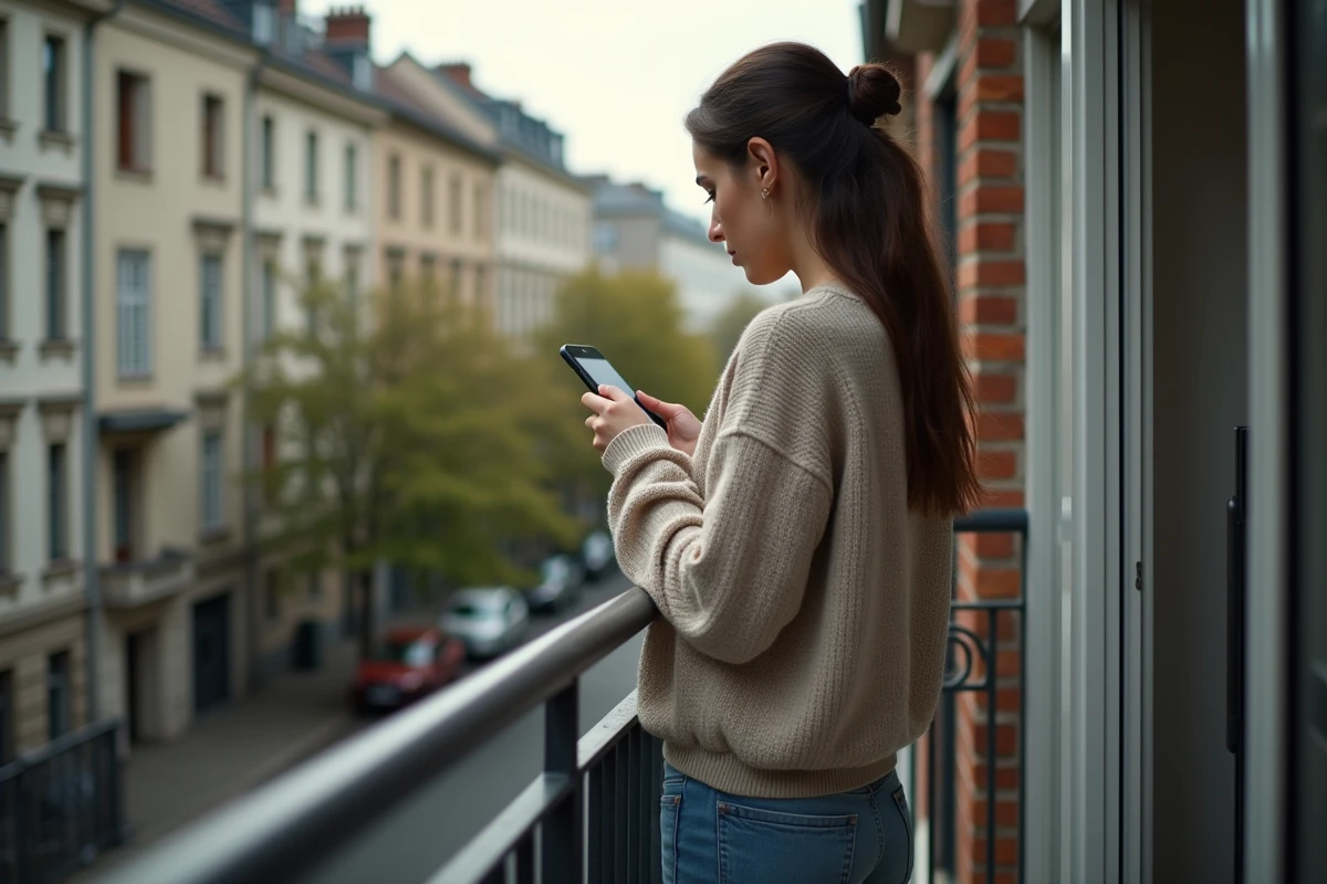 Jeune femme sur un balcon urbain regarde son téléphone