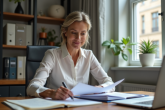 Femme en bureau moderne examine des documents officiels