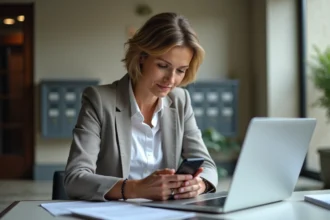Femme d'âge moyen dans un bureau moderne en lobby d'immeuble