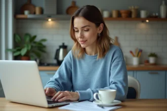 Femme détendue utilisant un ordinateur portable pour ses documents de location