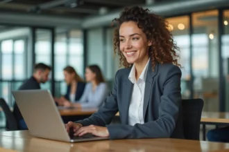 Femme au bureau souriante et concentrée sur son ordinateur