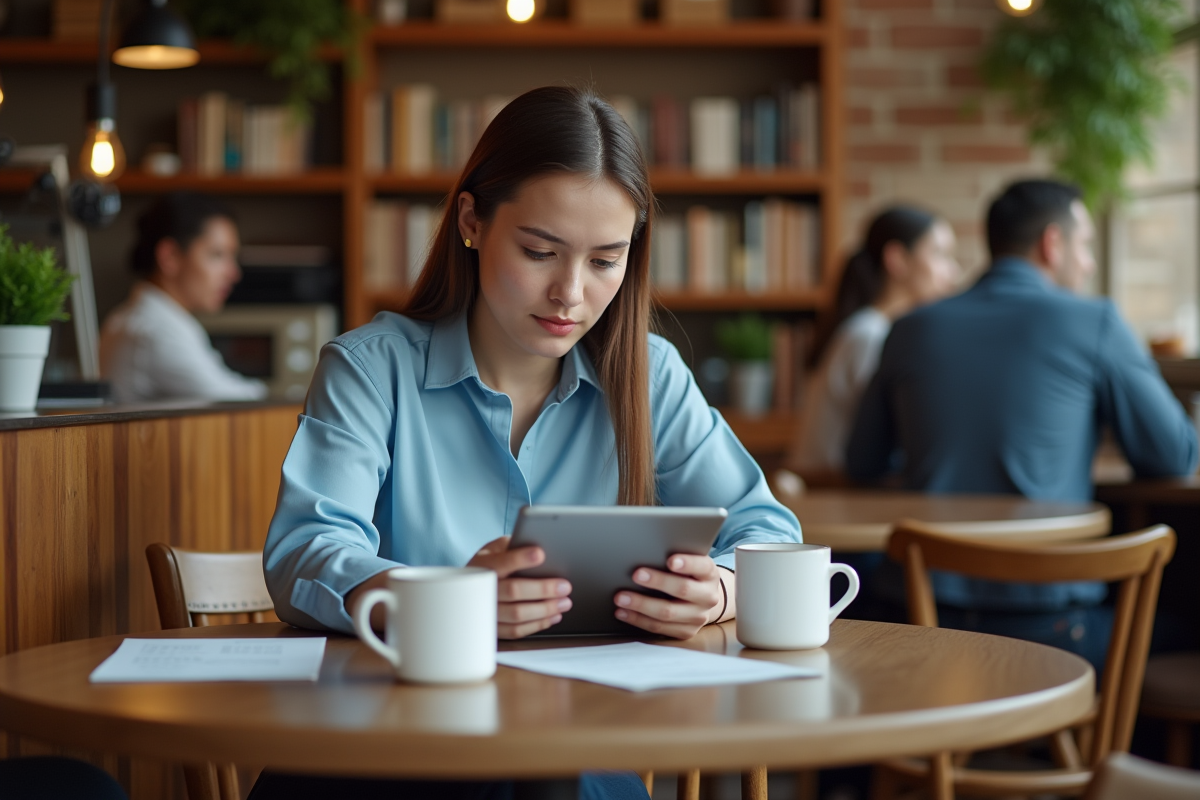 Jeune femme au café utilisant une tablette