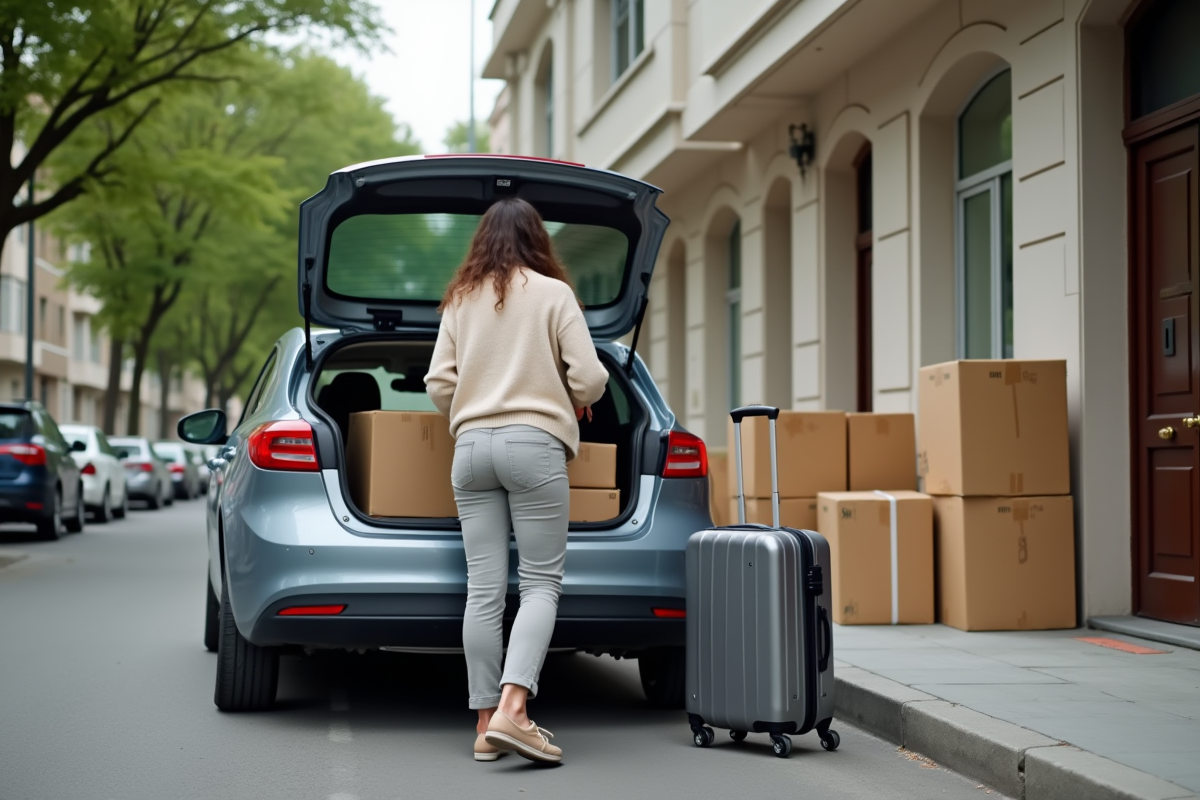 Femme chargeant des cartons dans le coffre d