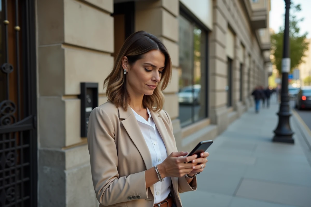 Femme vérifiant son téléphone devant un immeuble résidentiel