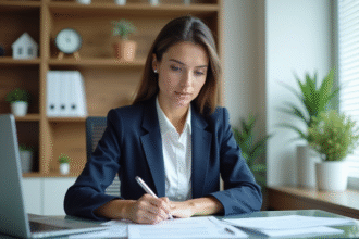 Femme en blazer bleu examine un contrat de prêt immobilier