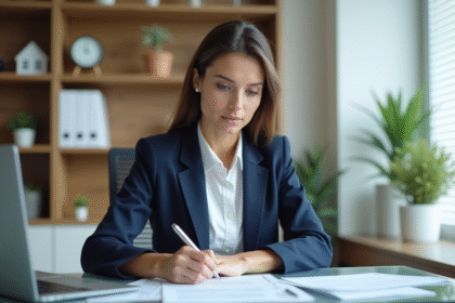 Femme en blazer bleu examine un contrat de prêt immobilier