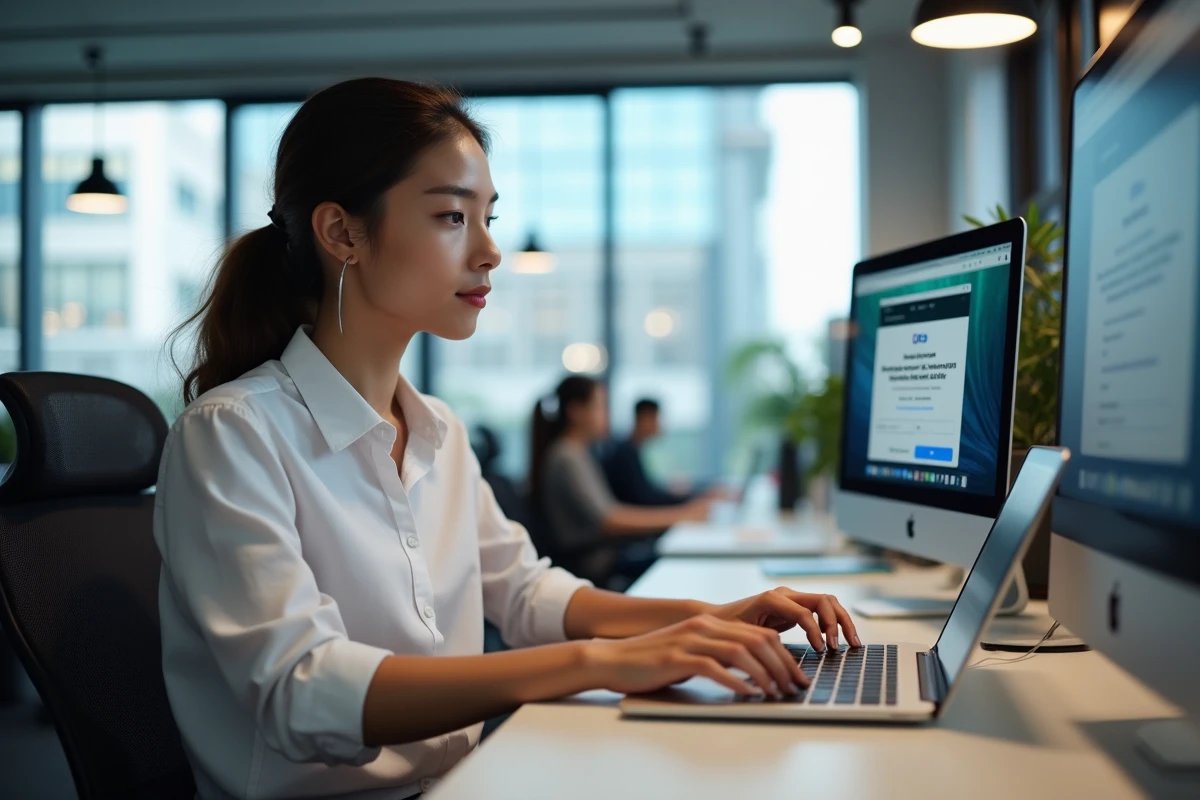 Jeune femme en espace coworking cherchant une solution à la panne de l'espace client MyFoncia sur ordinateur