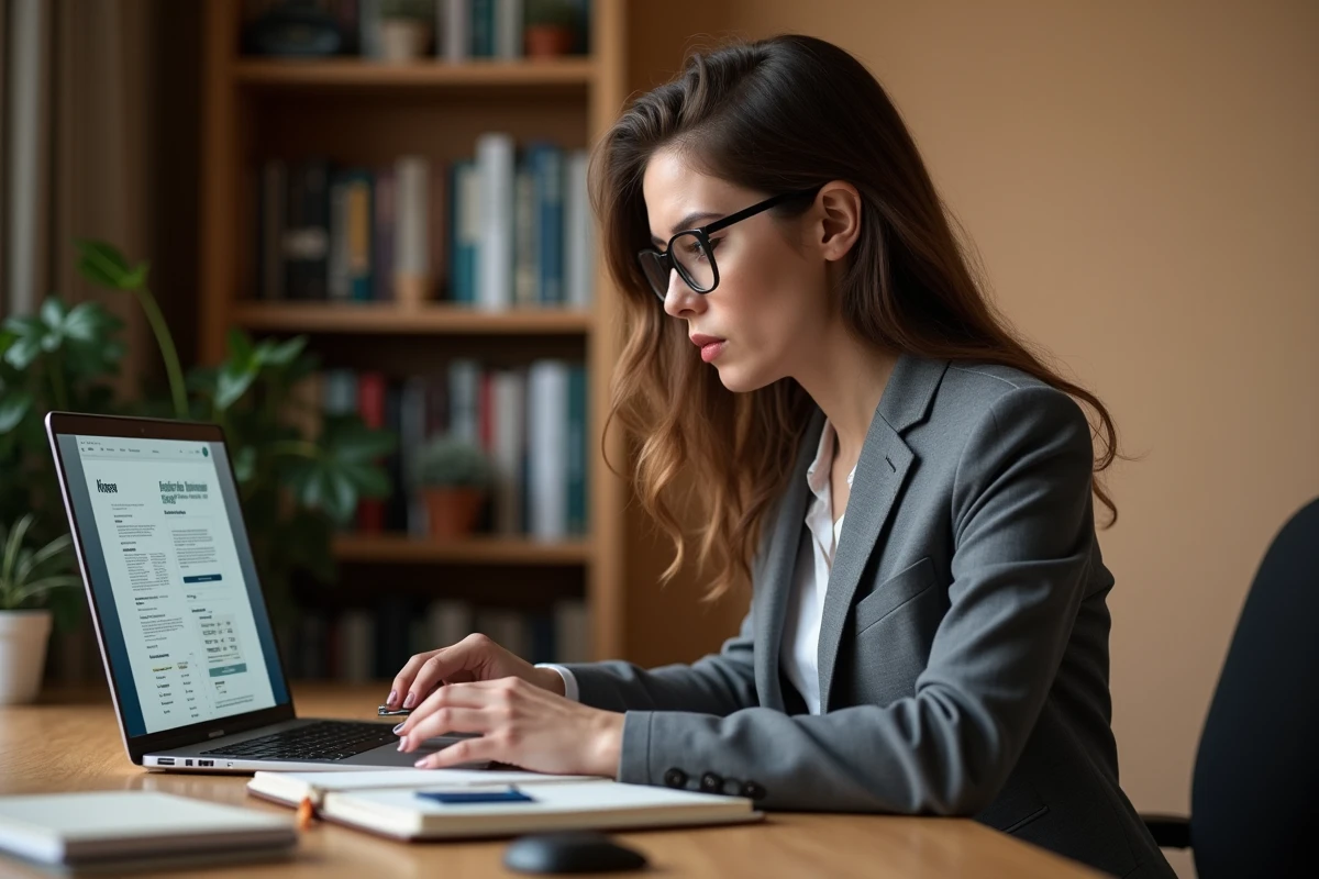 Femme consultant de la documentation technique sur la sécurité des badges de contrôle d'accès à son bureau à domicile