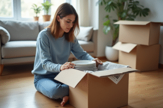 Femme emballant des assiettes en porcelaine dans une boîte