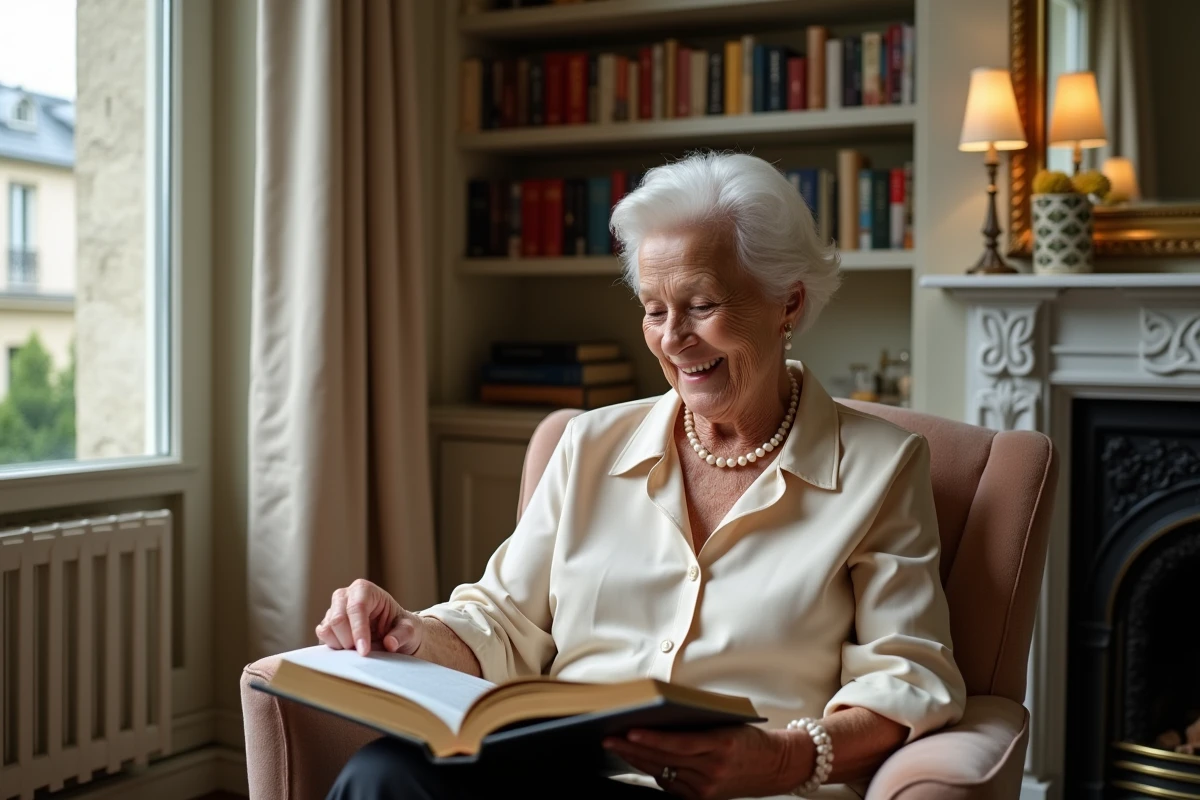 Femme âgée lisant un livre d art dans un salon parisien