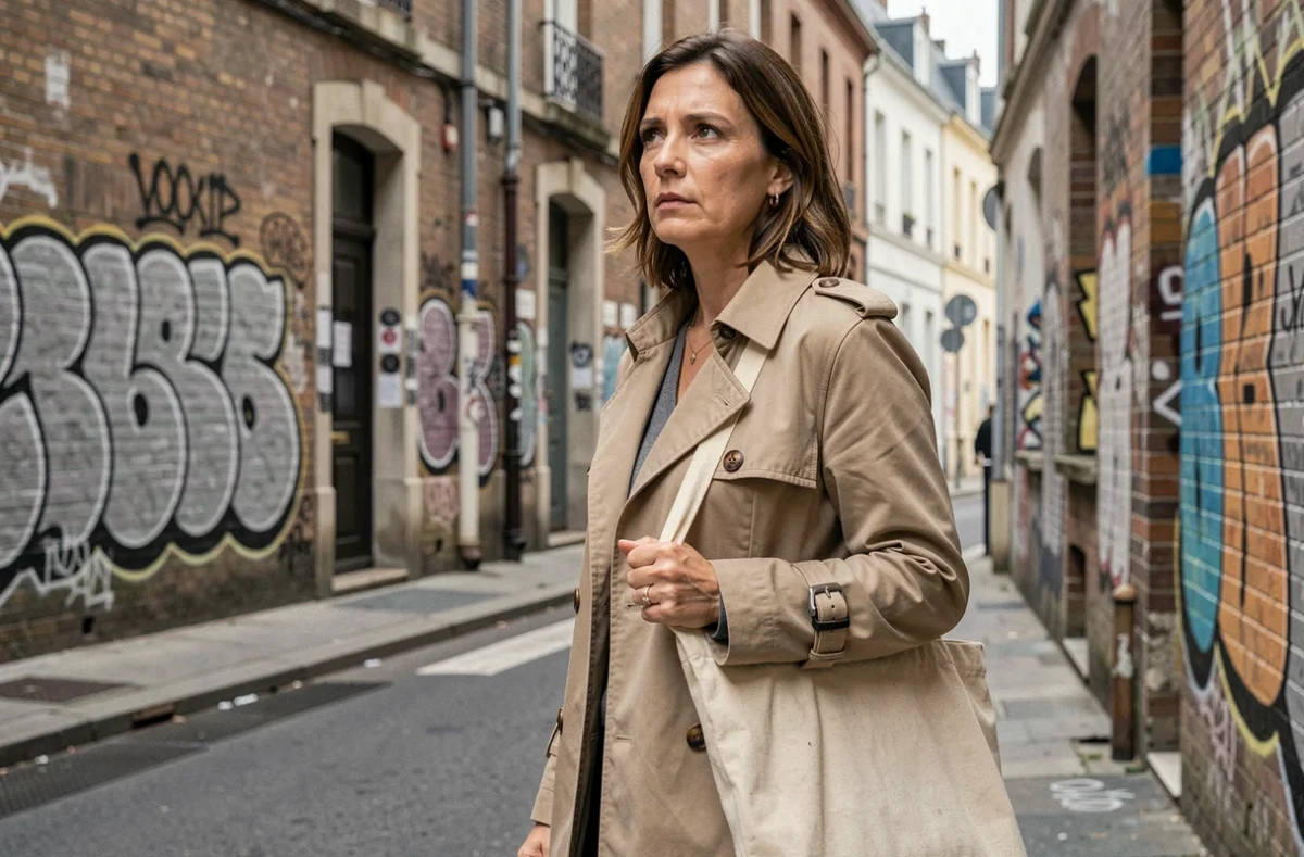 Femme observant attentivement un quartier urbain dégradé de Nantes avant de s'y installer