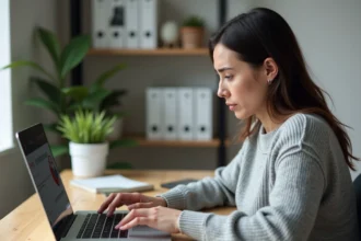 Femme frustrée devant un écran d'ordinateur affichant une erreur sur l'espace client MyFoncia