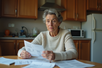 Femme d'âge moyen examine des factures à la maison