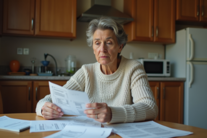 Femme d'âge moyen examine des factures à la maison
