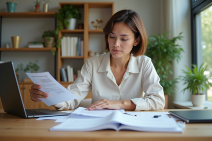 Femme moyenne âge triant ses factures dans un appartement lumineux