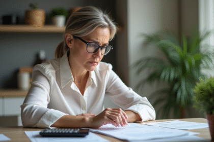 Femme d'affaires concentrée avec documents fiscaux
