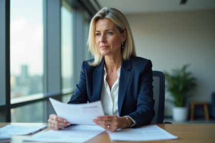 Femme professionnelle examine documents de mortgage