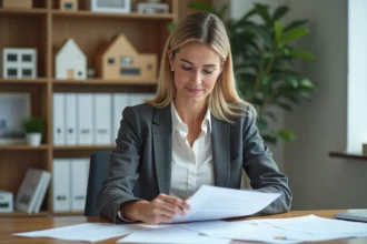 Femme professionnelle examine documents immobiliers dans un bureau moderne