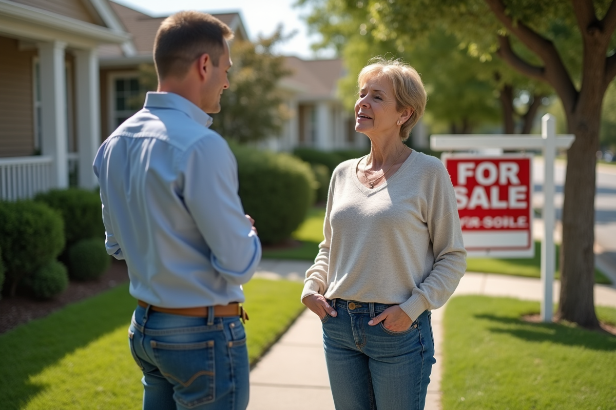 Femme discutant avec agent immobilier devant une maison