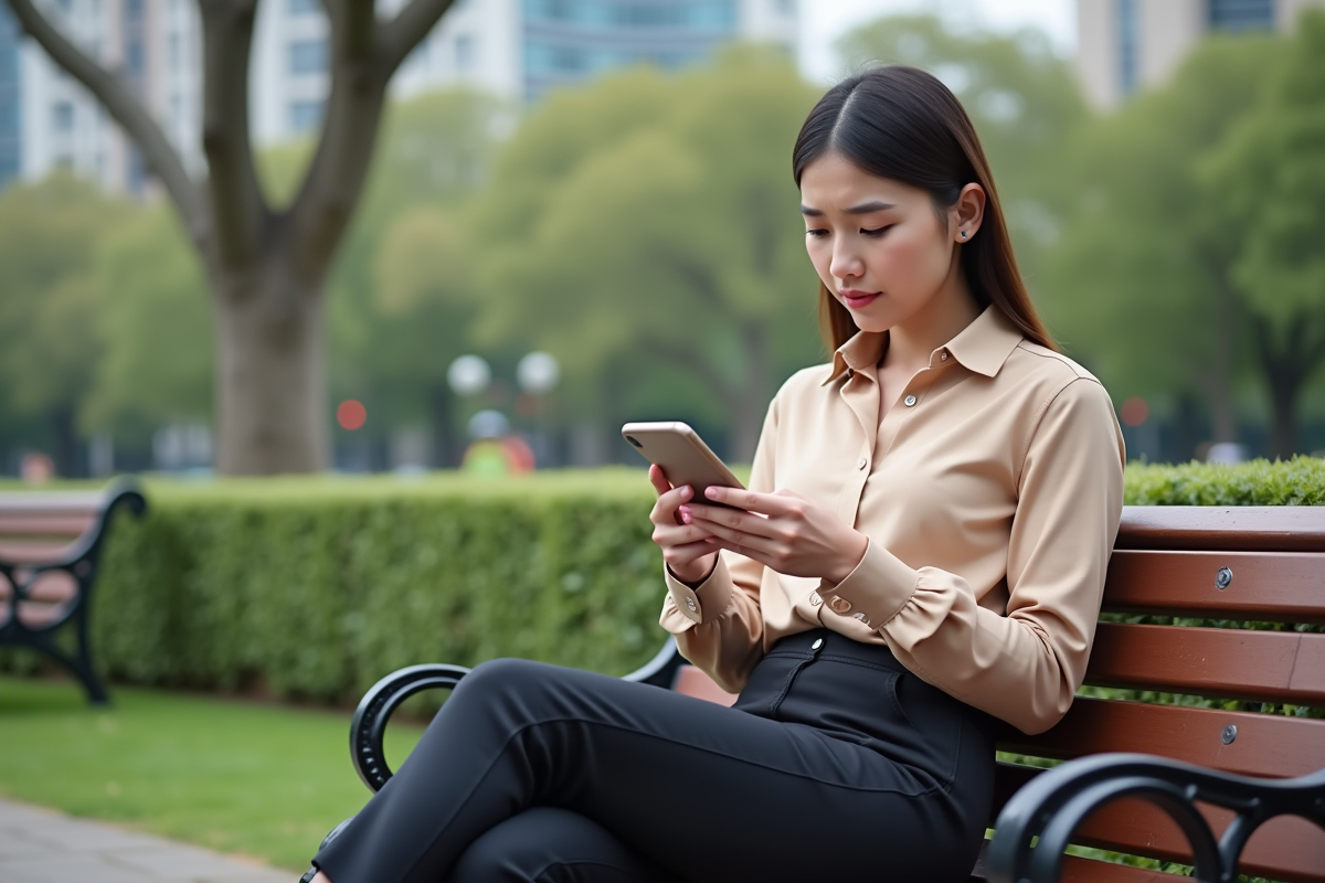 Jeune femme regardant son smartphone dans un parc