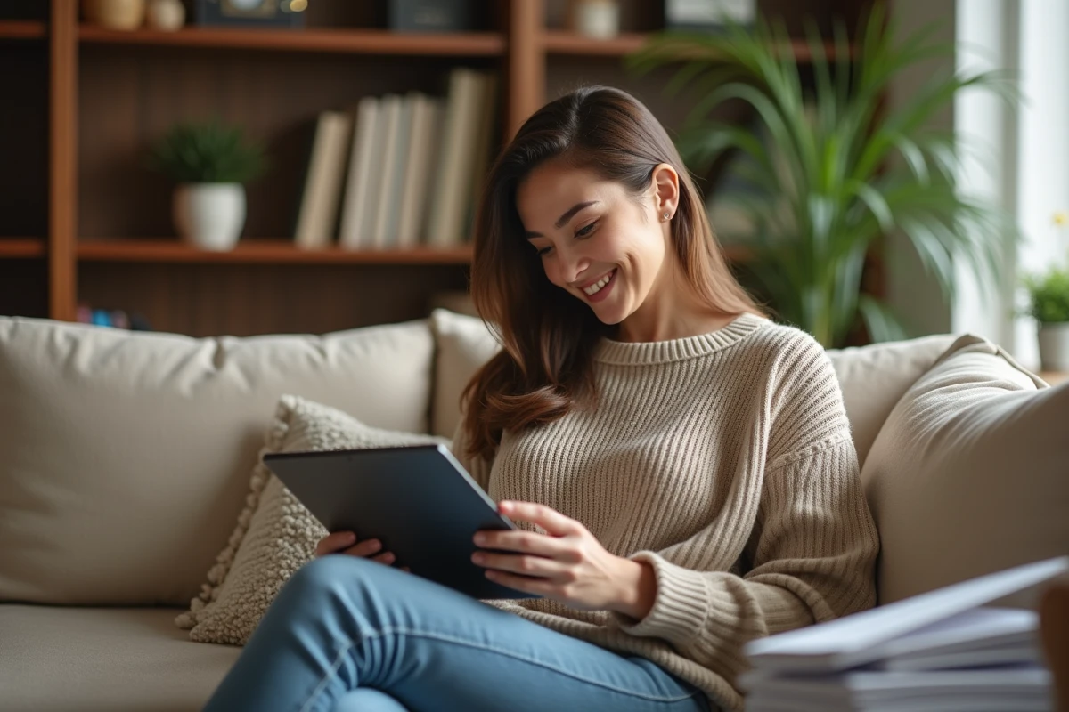 Jeune femme souriante consulte ses investissements sur une tablette