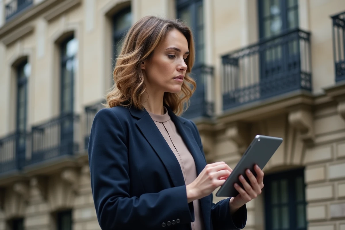 Femme investisseuse debout devant un immeuble résidentiel consultant une plateforme d'investissement immobilier sur tablette